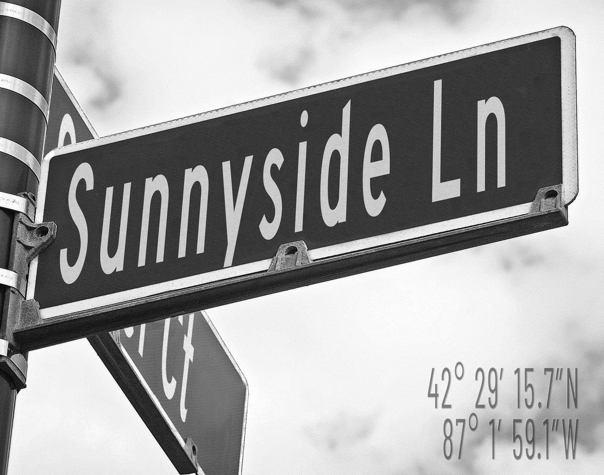 A black street sign mounted on a pole against a cloudy sky, shown in black-and-white with additional street sign parts and geographic coordinates visible.